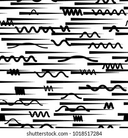 Seamless pattern with speed lines, squares, circles . minimalistic poster with striped Design elements .Repeating Black Vector stripes .Geometric shape. Dynamic geometrical Endless overlay texture.