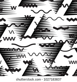 Seamless pattern with speed lines, squares, circles . minimalistic poster with striped Design elements .Repeating Black Vector stripes .Geometric shape. Dynamic geometrical Endless overlay texture.