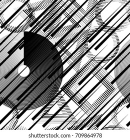 Seamless pattern with speed lines, squares, circles . minimalistic poster with striped Design elements .Repeating Black Vector stripes .Geometric shape. Dynamic geometrical Endless overlay texture.
