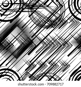 Seamless pattern with speed lines, squares, circles . minimalistic poster with striped Design elements .Repeating Black Vector stripes .Geometric shape. Dynamic geometrical Endless overlay texture.