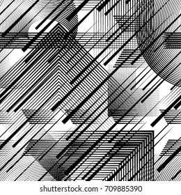 Seamless pattern with speed lines, squares, circles . minimalistic poster with striped Design elements .Repeating Black Vector stripes .Geometric shape. Dynamic geometrical Endless overlay texture.