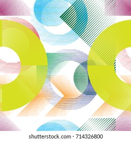 Seamless pattern with speed lines, squares, circles . minimalistic poster with striped Design elements .Repeating colorful Vector stripes .Geometric shape. Dynamic geometrical Endless overlay texture.