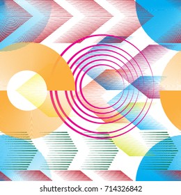 Seamless pattern with speed lines, squares, circles . minimalistic poster with striped Design elements .Repeating colorful Vector stripes .Geometric shape. Dynamic geometrical Endless overlay texture.