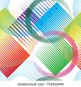 Seamless pattern with speed lines, squares, circles . minimalistic poster with striped Design elements .Repeating colorful Vector stripes .Geometric shape. Dynamic geometrical Endless overlay texture.