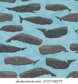 Seamless pattern with sperm whale or cachalot. Realistic vector animal.