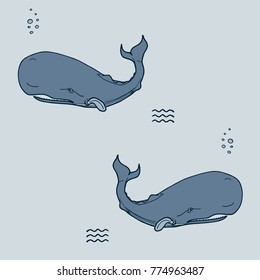 Seamless pattern. Sperm whale floating in the depths of the ocean. Drawing by liner. On a blue background. Sperm whale illustration for designs, prints. Drawn by hand. Vector.