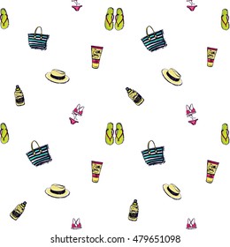 Seamless pattern with spf spray, sun tanning lotion, beach bag, trendy straw hat, pink bikini swimsuit, summer flip-flop. Vacation symbols in decorative sketch style. Summer mood inspired illustration