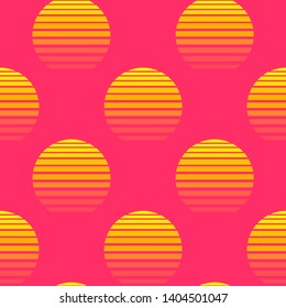 Seamless pattern with spheres, symbolic suns. Retrowave, futuristic digital vector wallpaper. Red background. 