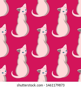 Seamless pattern with sphinxes. Bald cats with fair skin and blue eyes. Domestic purebred cats posing. Pink background