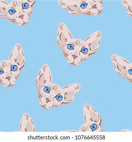 seamless pattern with sphynx cat, bedding pattern, wrapping paper vector illustration