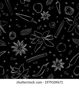 Seamless pattern spice black drawn in sketch style on white background. Nature hand drawn set. Vector design drawing.