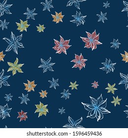 Seamless pattern.  Spice: Star anise chaotically. Classic blue background with white hand drawn elements. Texture for print, home decor, fashion fabrics, packaging, textiles. Vector.