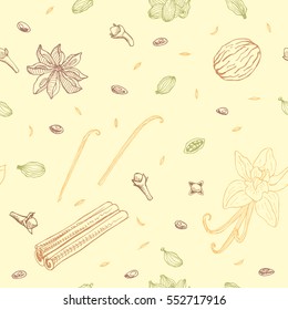 Seamless pattern with spices: cinnamon, anise, vanilla, cardamom, clove, nutmeg. Hand drawn spices background. Colorful vintage background.