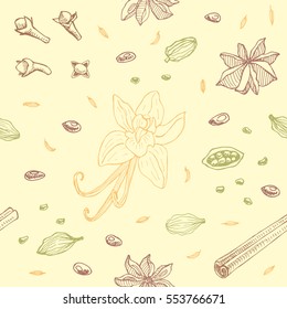 Seamless pattern with spices: cinnamon, anise, vanilla, cardamom, clove, nutmeg. Hand drawn spices background. Colorful vintage background.