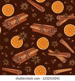 Seamless pattern with spices cinnamon, cloves, badyan, orange. Vector illustrations