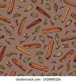 Seamless pattern of spices of cinnamon, cloves, cardamom. Hand-drawn illustration. Design for fabrics, textiles, wallpapers, packaging, cafes.	