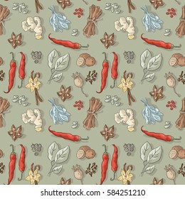 Seamless pattern with spices, cinnamon, pepper, cardamom, star anise, bay leaves, poppy seeds, sage, clove spice