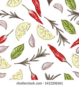 seamless pattern with spices, cloves of garlic, lemon slices, rosemary sprig, caen pepper. vector illustration
