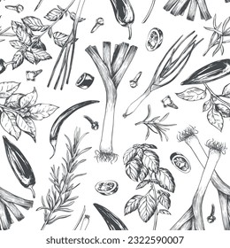 Patrón sin foco con especias, estilo de grabado. Basil, cebolla, puerro, laurel, romero, tomillo, chili, paprika. Diseño para tapicería, textiles, papel, cafés y restaurantes.