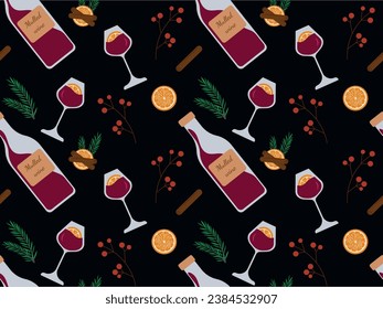 Seamless pattern with spices, fir branch and a bottle of mulled wine. Pattern with a bottle of red wine on a black background. Vector illustration. Repeating background for wallpaper, packaging