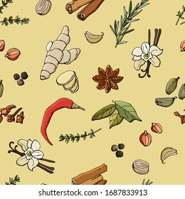 Nahtloses Muster mit Gewürzen. Gewürzwürzige, aromatische Gewürze. Illustration im Cartoon-Stil. Stockillustration. Design für Tapete, Hintergrund, Stoff, Textilien, Café, Restaurant, Verpackung.