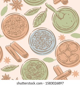 Seamless pattern with spices for garam masala. Vector illustration.	