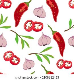 Seamless pattern of spices from garlic, pods and slices of red chili pepper, rosemary sprigs. Colorful juicy pattern for cooking, menu and fabric printing. Vector stock illustration.