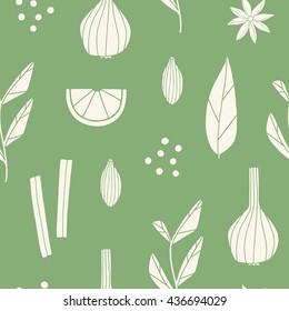 Seamless pattern of spices. Hand drawn vector background for kitchen stuff as fabrics, napkins, wrapping paper. Cropped with clipping mask