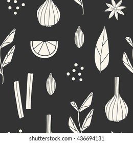 Seamless pattern of spices. Hand drawn black and whitw background for kitchen stuff as fabrics, napkins, wrapping paper. Cropped with clipping mask