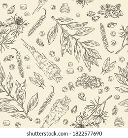 Seamless pattern with spices and herbs: black pepper, bay leafs branch, nigella sativa flower and seeds and parsnip root. Vector hand drawn illustration.