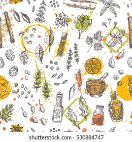 Seamless pattern with spices and herbs. Hand drawn vector illustration. Cinnamon, pepper, cardamon, ginger, basil, capers, thyme, oregano, barberry, dill, saffron, vanilla, chili, bay leaf and other.