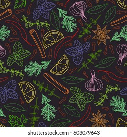 Seamless pattern with spices and herbs. Lemon, garlic, garlic, thyme, thyme, marjoram, basil, marjoram, bay leaves, cinnamon, pepper, cloves.