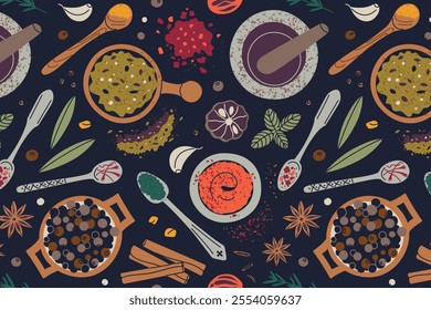 Seamless pattern with spices and herbs on dark background, black pepper, allspice, black lime, herbs, spice blends in wooden bowls, star anise, cinnamon, decorative spoons. Flat vector illustration