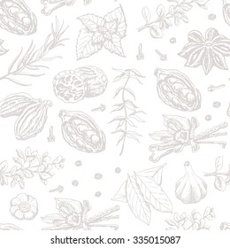 Seamless pattern with spices and herbs on white background. Vector  illustration for your design