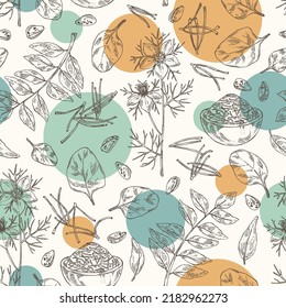 Seamless pattern with spices and herbs: saffron, curry tree leaves, nigella sativa flower and seeds, spinach leaves. Vector hand drawn illustration. 