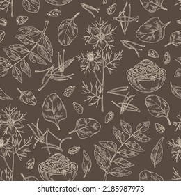 Seamless pattern with spices and herbs: saffron, curry tree leaves, nigella sativa flower and seeds, spinach leaves. Vector hand drawn illustration. 