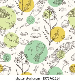 Seamless pattern with spices and herbs: wasabi root, daikon root, mustard, horsradiah. Vector hand drawn illustration.