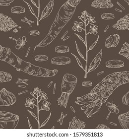 Seamless pattern with spices and herbs: wasabi root, daikon root, mustard, horsradiah. Vector hand drawn illustration.