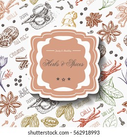 Seamless pattern with spices and inscription in the middle. Vector illustration for your design