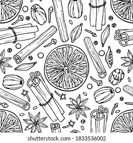 Seamless pattern with spices. Mulled wine ingredients. Hand drawn Winter elements. Doodle Outline vector illustration Hot winter drink recipe Christmas drinking. For wallpaper, wrapping, scrapbooking.
