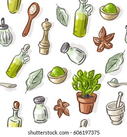 Seamless pattern with spices, olive oil, pepper, salt, bay leaves, bottles, basil, baden