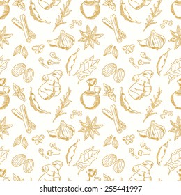 Seamless pattern with spices on white background. Hand drawn spices and herbs made in vector. Cinnamon, pepper, cardamon, ginger, basil leafs and other spices and herbs.