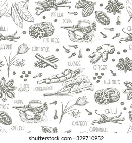 Seamless pattern with spices on a white background. Vector illustration for your design