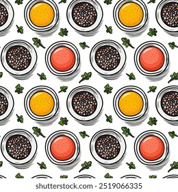 Seamless pattern spices, pepper, ketchup, herbs, for packaging design, fabric. Vector illustration.