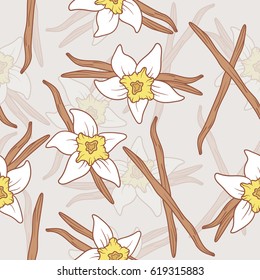 Seamless pattern with spices: vanilla flower. Colorful background vector. Decorative wallpaper, good for printing