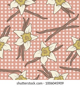 Seamless pattern with spices: vanilla flowers. Colorful background vector. Decorative wallpaper, good for printing. Hand drawn overlapping backdrop