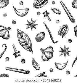 Padrão contínuo com especiarias. Gráficos vetoriais com a imagem de especiarias culinárias aromáticas de diferentes tipos. Ilustrações a preto e branco desenhadas à mão. Em um fundo branco. Para menus, têxteis, etiqueta