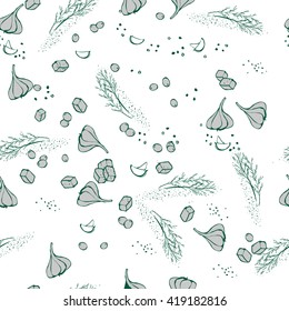 Seamless pattern of spices. Vector illustration. Garlic, olives, drill, pepper, cheese pieces. Shades of grey linear graphic. Perfect for wrapping paper, restaurant decoration (walls, towels, menu etc