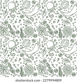 Seamless pattern. Spices and vegetables background. Vector background with handmade herbs. Sketch design. Suitable for textiles, fabric, packaging.