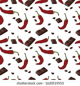 Seamless pattern with spicy pepper and chocolate, hand drawn elements on white background.